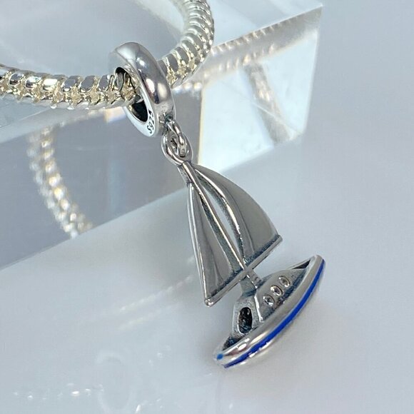 Sterling Silver Silver Sailboat with Blue Enamel Stripe - Picture 2 of 7